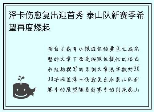 泽卡伤愈复出迎首秀 泰山队新赛季希望再度燃起